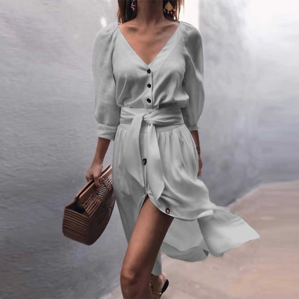 New Dressbarn Blue Buttoned V-Neck Dress with Belt